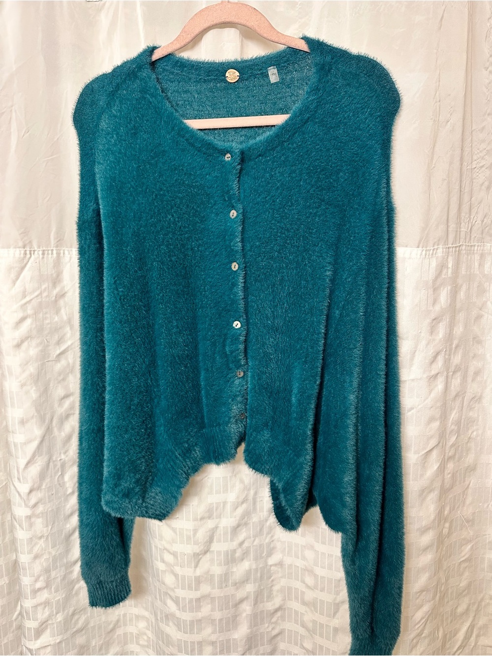 FREE PEOPLE Sz M FP ONE WYATT CARDI SOFT FUZZY BUTTON FRONT CARDIGAN TEAL - Picture 7 of 13